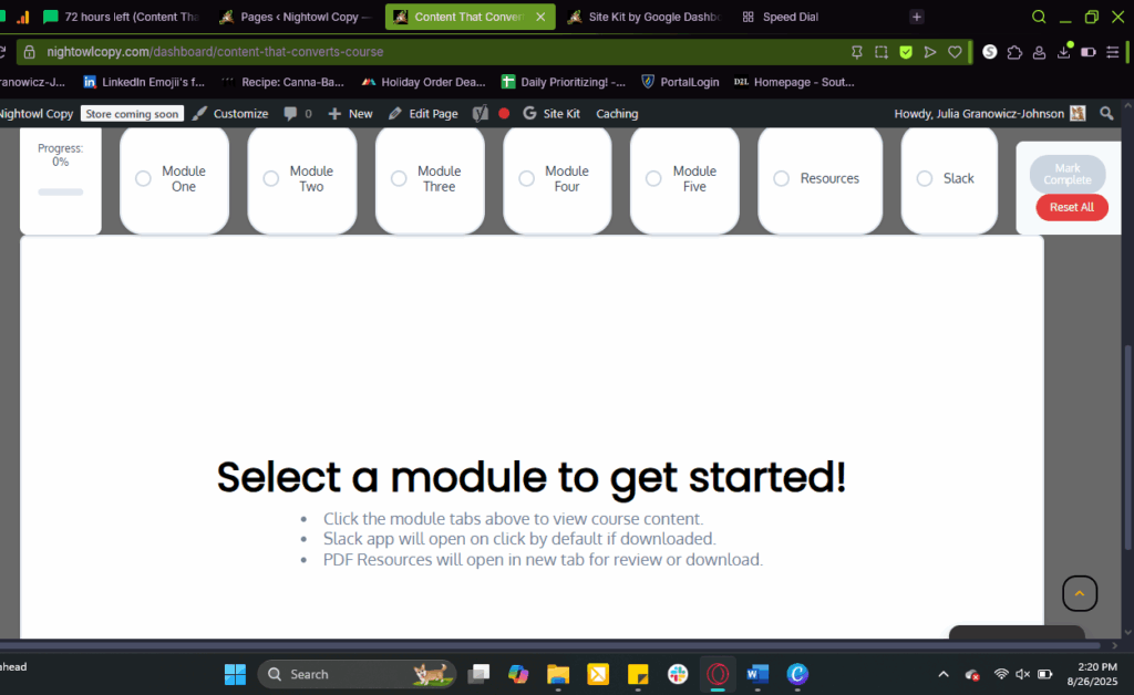 inside the course sneak preview select module to get started
